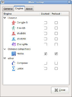 ibus输入引擎（需要安装ibus-pinyin和/或ibus-table才有)