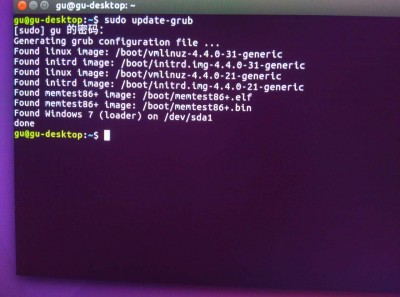 执行boot后，进入了UBT，于是在终端里执行<br />update-grub